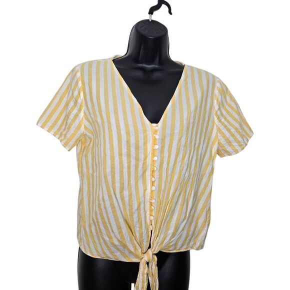 Madewell Striped Tie-Front Button Top Women's Size Small Yellow Short Sleeve - Picture 2 of 3